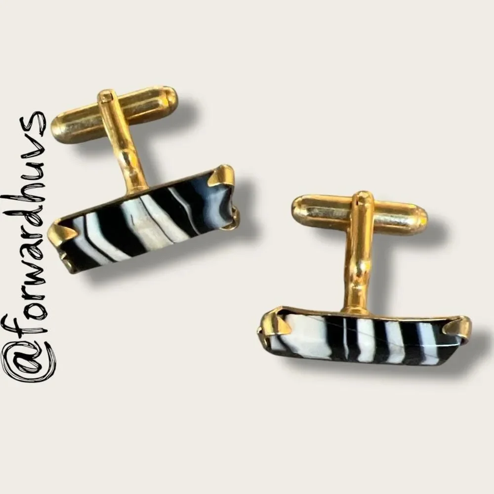 Gold Tone Cufflinks – 3/4” Black and White Stripes